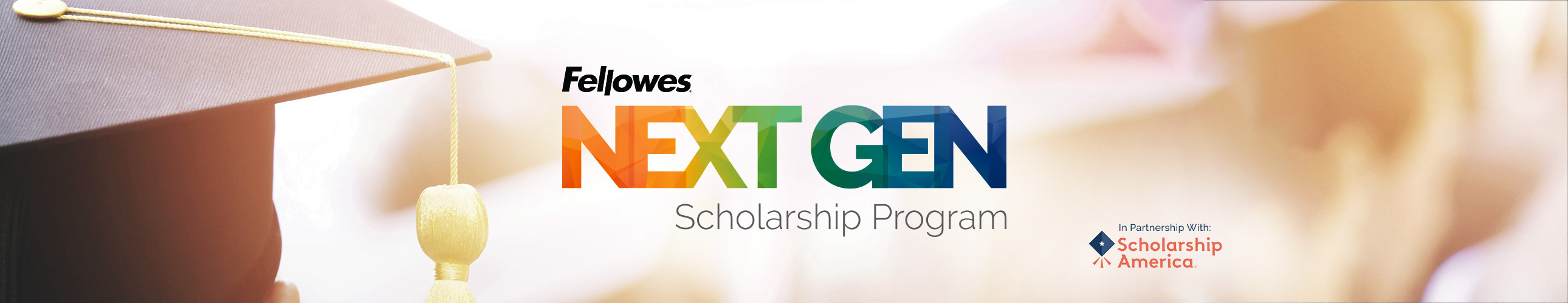 Graphic of a graduation cap with the words Fellowes Next Gen Scholarship Program on it